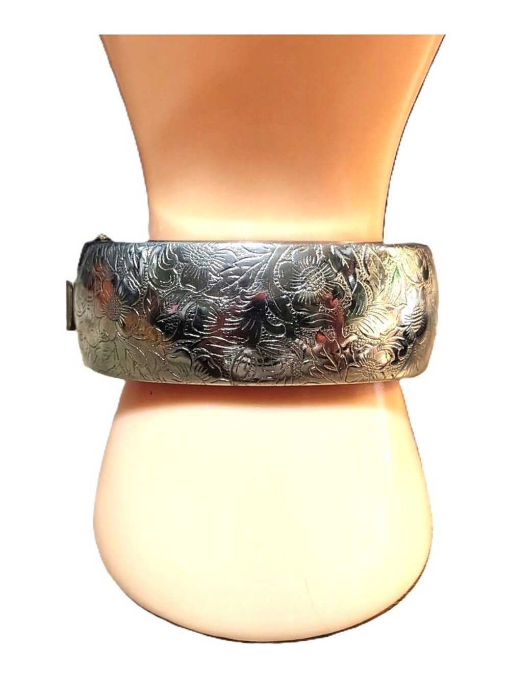 Vtg Silver Tone Floral Engraved Etched Clamper Hinged Bracelet Victorian Style